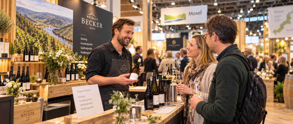 Winzer bei der Weinberatung auf einer Weinmesse
